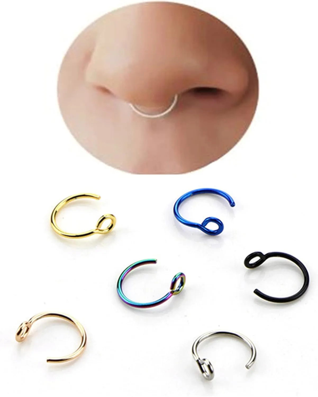 Fake Nose Ring, Faux Body Piercing Jewelry 8mm Stainless Steel Faux Fake Nose Ring Hoop Lip Septum Nose Ring