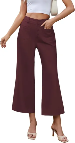 Famulily Womens Button Down Wide Leg High Elastic Waisted Capri Pants Casual Dressy Cropped Pants with Patch Pockets