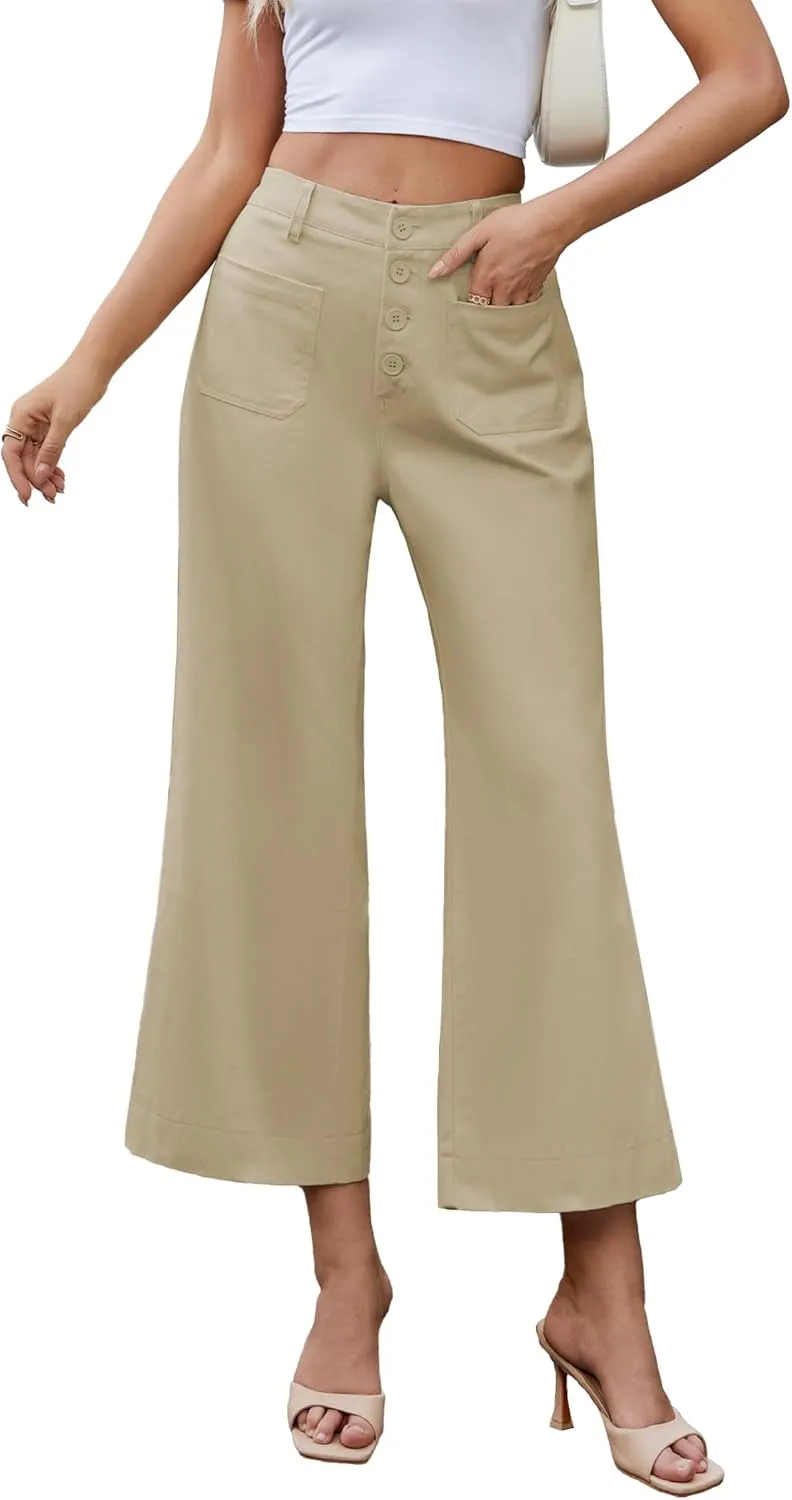 Famulily Womens Button Down Wide Leg High Elastic Waisted Capri Pants Casual Dressy Cropped Pants with Patch Pockets