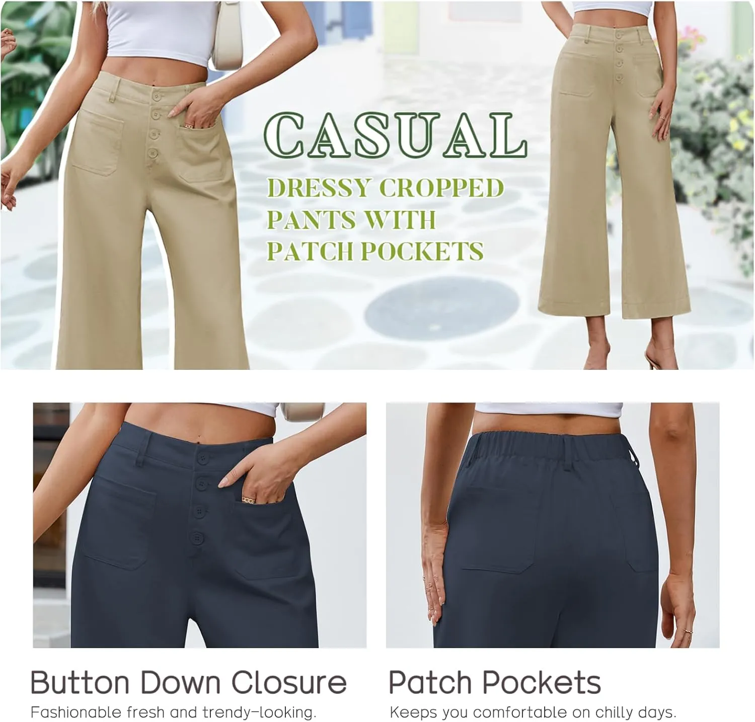 Famulily Womens Button Down Wide Leg High Elastic Waisted Capri Pants Casual Dressy Cropped Pants with Patch Pockets