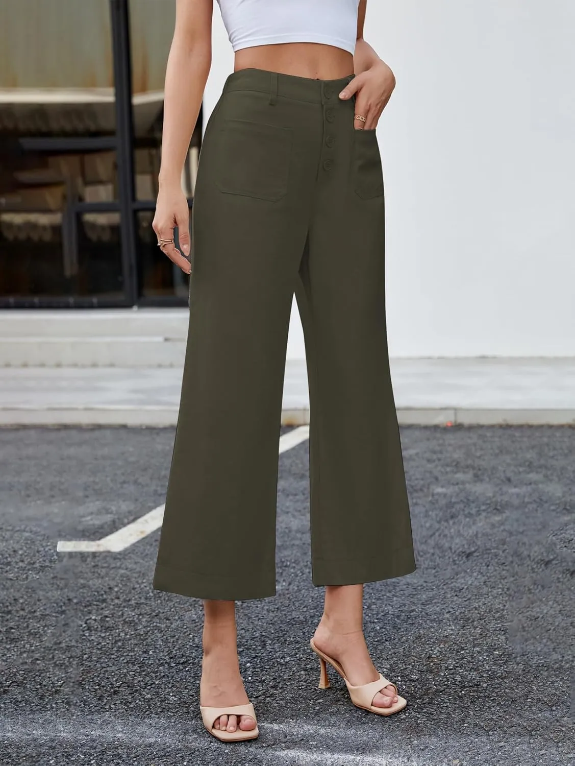 Famulily Womens Button Down Wide Leg High Elastic Waisted Capri Pants Casual Dressy Cropped Pants with Patch Pockets