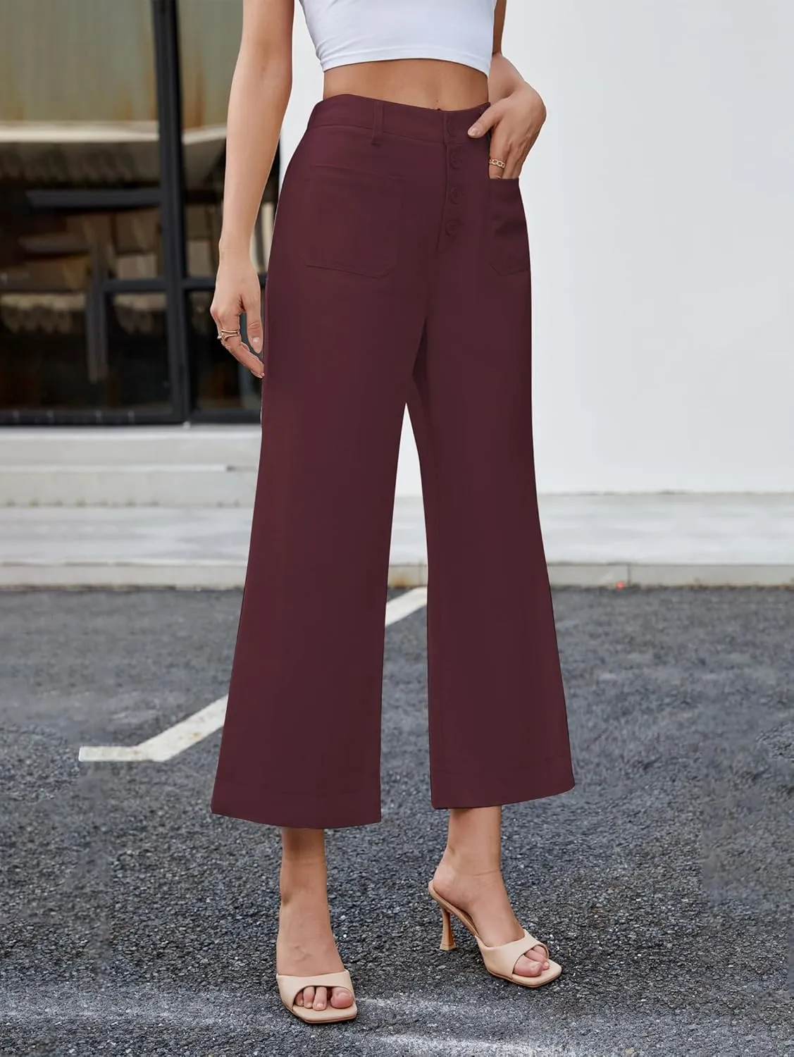 Famulily Womens Button Down Wide Leg High Elastic Waisted Capri Pants Casual Dressy Cropped Pants with Patch Pockets