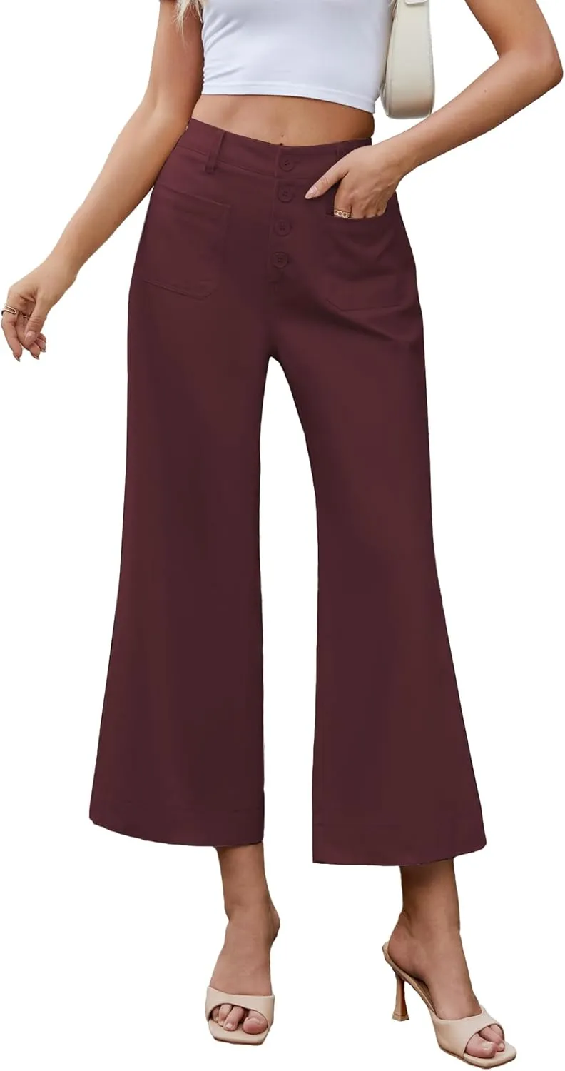 Famulily Womens Button Down Wide Leg High Elastic Waisted Capri Pants Casual Dressy Cropped Pants with Patch Pockets