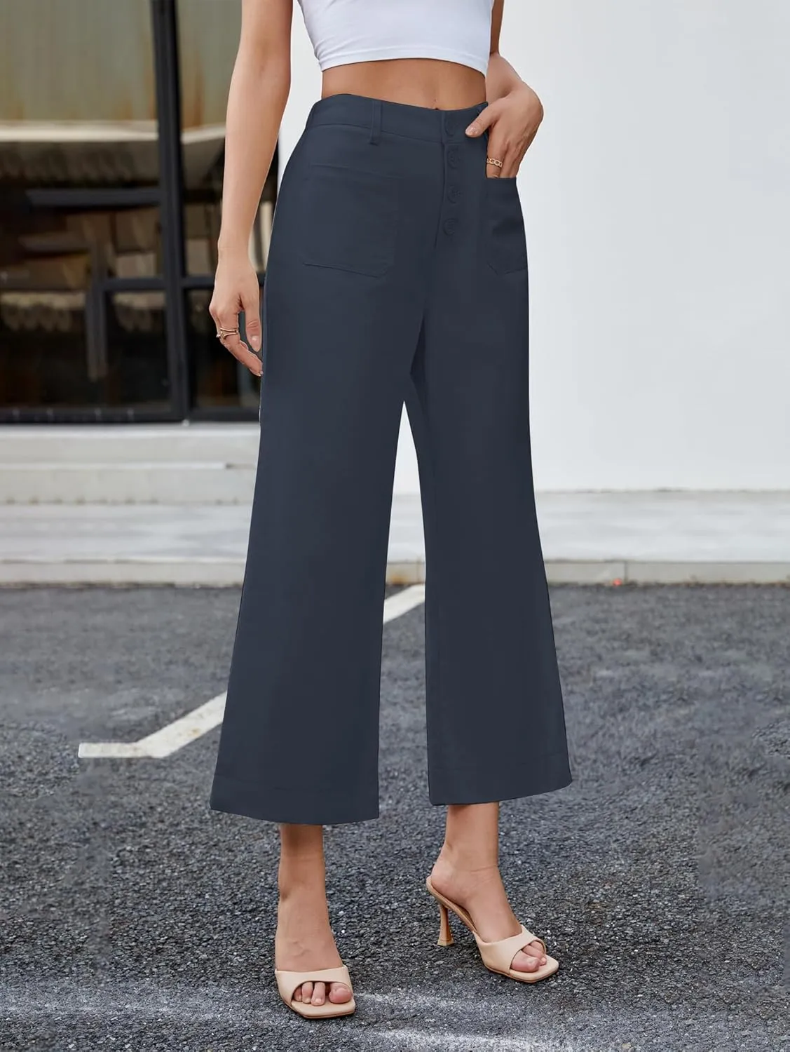 Famulily Womens Button Down Wide Leg High Elastic Waisted Capri Pants Casual Dressy Cropped Pants with Patch Pockets