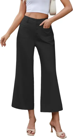 Famulily Womens Button Down Wide Leg High Elastic Waisted Capri Pants Casual Dressy Cropped Pants with Patch Pockets