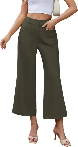 Famulily Womens Button Down Wide Leg High Elastic Waisted Capri Pants Casual Dressy Cropped Pants with Patch Pockets