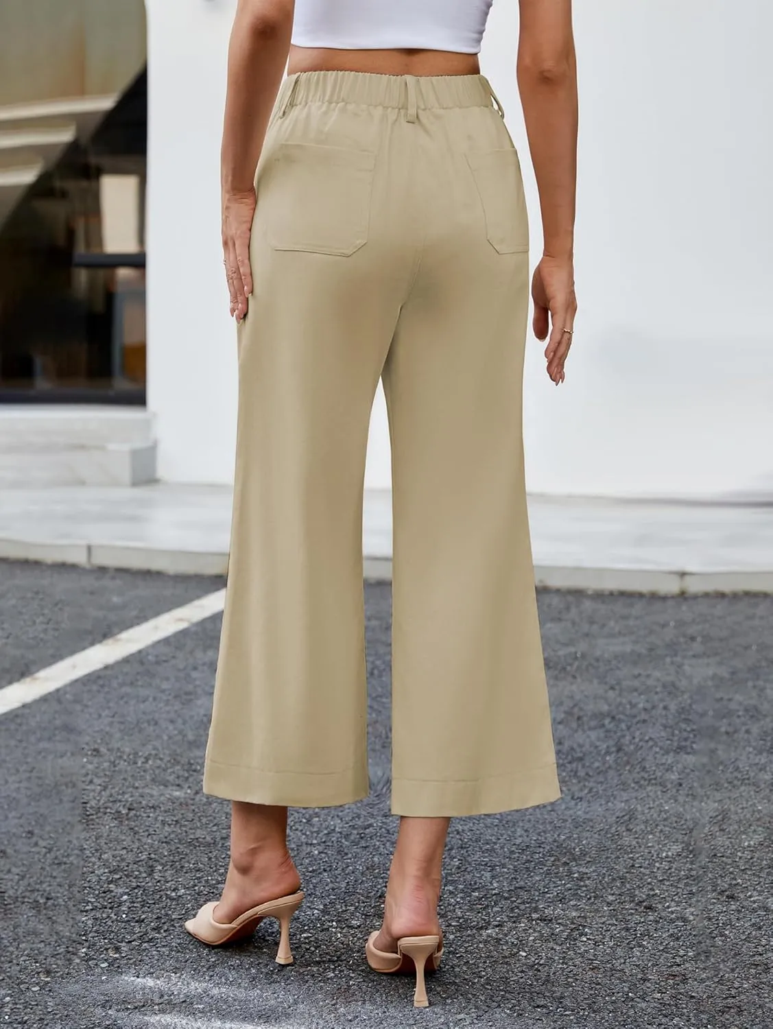 Famulily Womens Button Down Wide Leg High Elastic Waisted Capri Pants Casual Dressy Cropped Pants with Patch Pockets