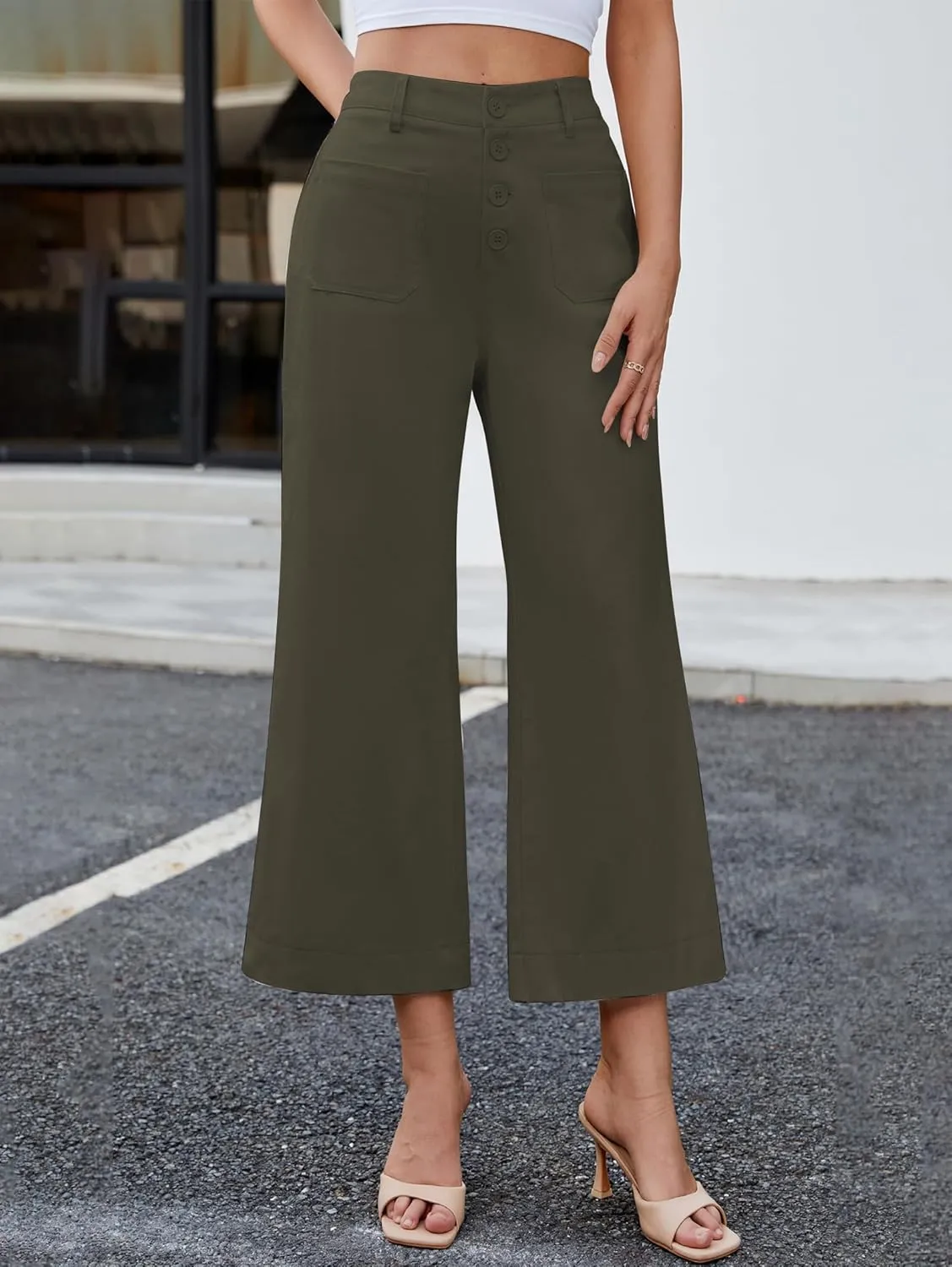 Famulily Womens Button Down Wide Leg High Elastic Waisted Capri Pants Casual Dressy Cropped Pants with Patch Pockets