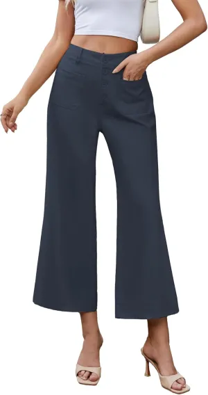 Famulily Womens Button Down Wide Leg High Elastic Waisted Capri Pants Casual Dressy Cropped Pants with Patch Pockets