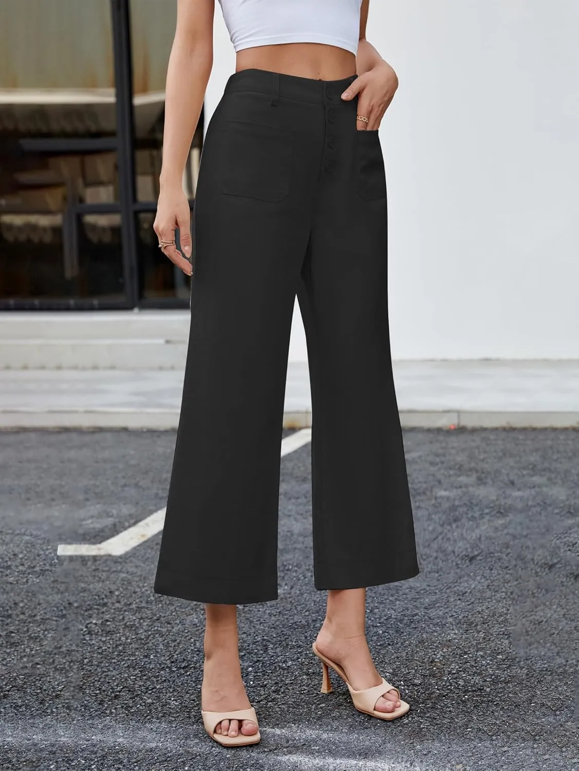 Famulily Womens Button Down Wide Leg High Elastic Waisted Capri Pants Casual Dressy Cropped Pants with Patch Pockets