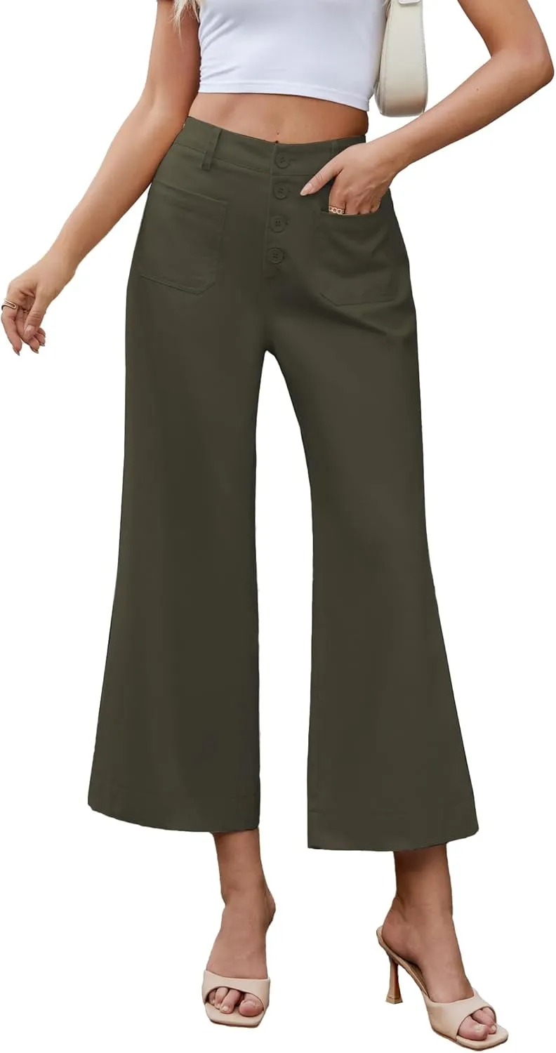 Famulily Womens Button Down Wide Leg High Elastic Waisted Capri Pants Casual Dressy Cropped Pants with Patch Pockets