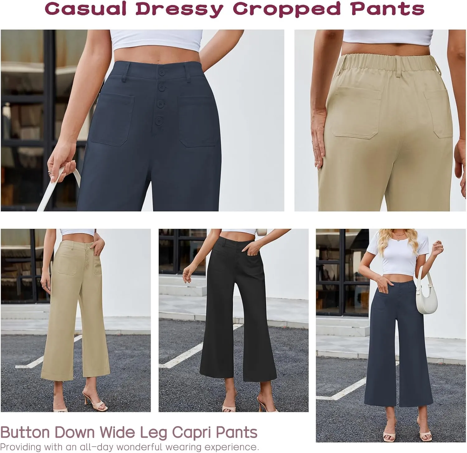 Famulily Womens Button Down Wide Leg High Elastic Waisted Capri Pants Casual Dressy Cropped Pants with Patch Pockets