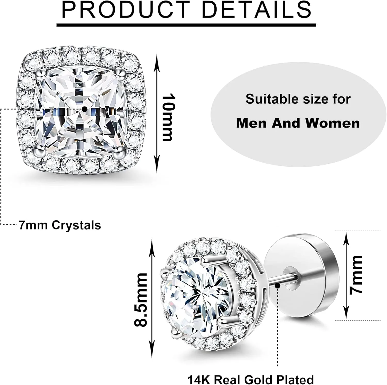 FASACCO 14K Flat Back Round Square Stud Earrings for Men Women Large Big Cubic Zirconia Stud Earrings Mens Earrings Flatback Earrings