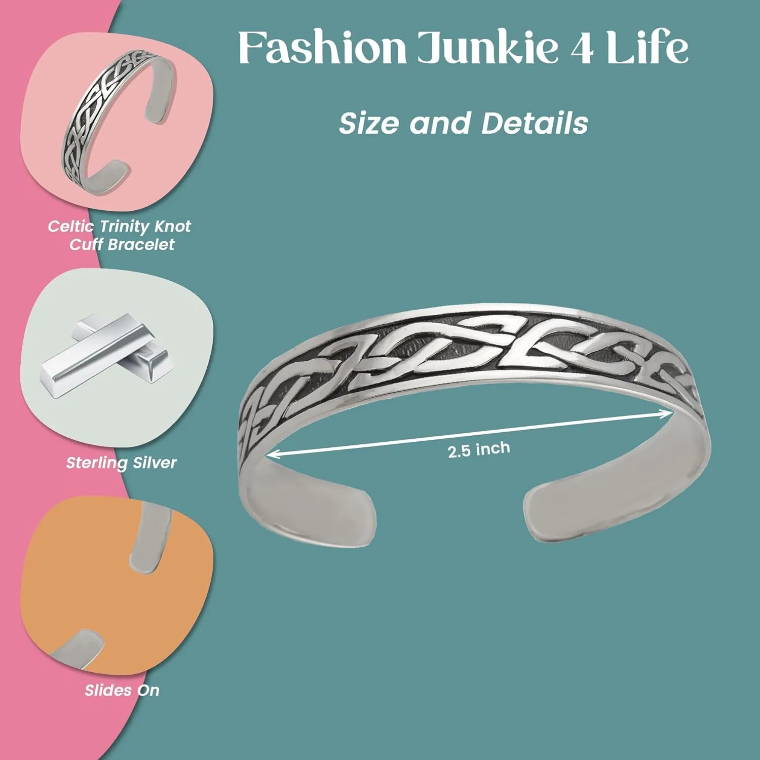 FashionJunkie4Life 925 Sterlin Silver and Stainless Steel Open Cuff Celtic Bracelet