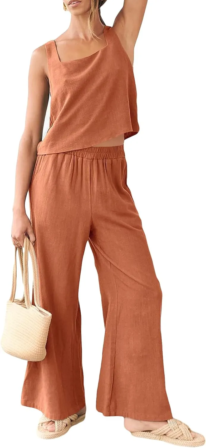 FEORJGP Womens Summer Two Piece Linen Pants Set Outfit 2 Piece Tank Tops with High Waist Trousers 2Pcs Clothes Set Loungewear