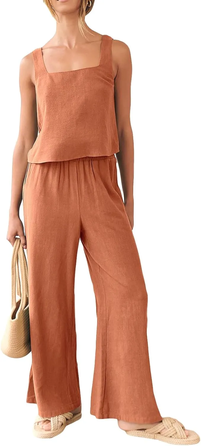 FEORJGP Womens Summer Two Piece Linen Pants Set Outfit 2 Piece Tank Tops with High Waist Trousers 2Pcs Clothes Set Loungewear