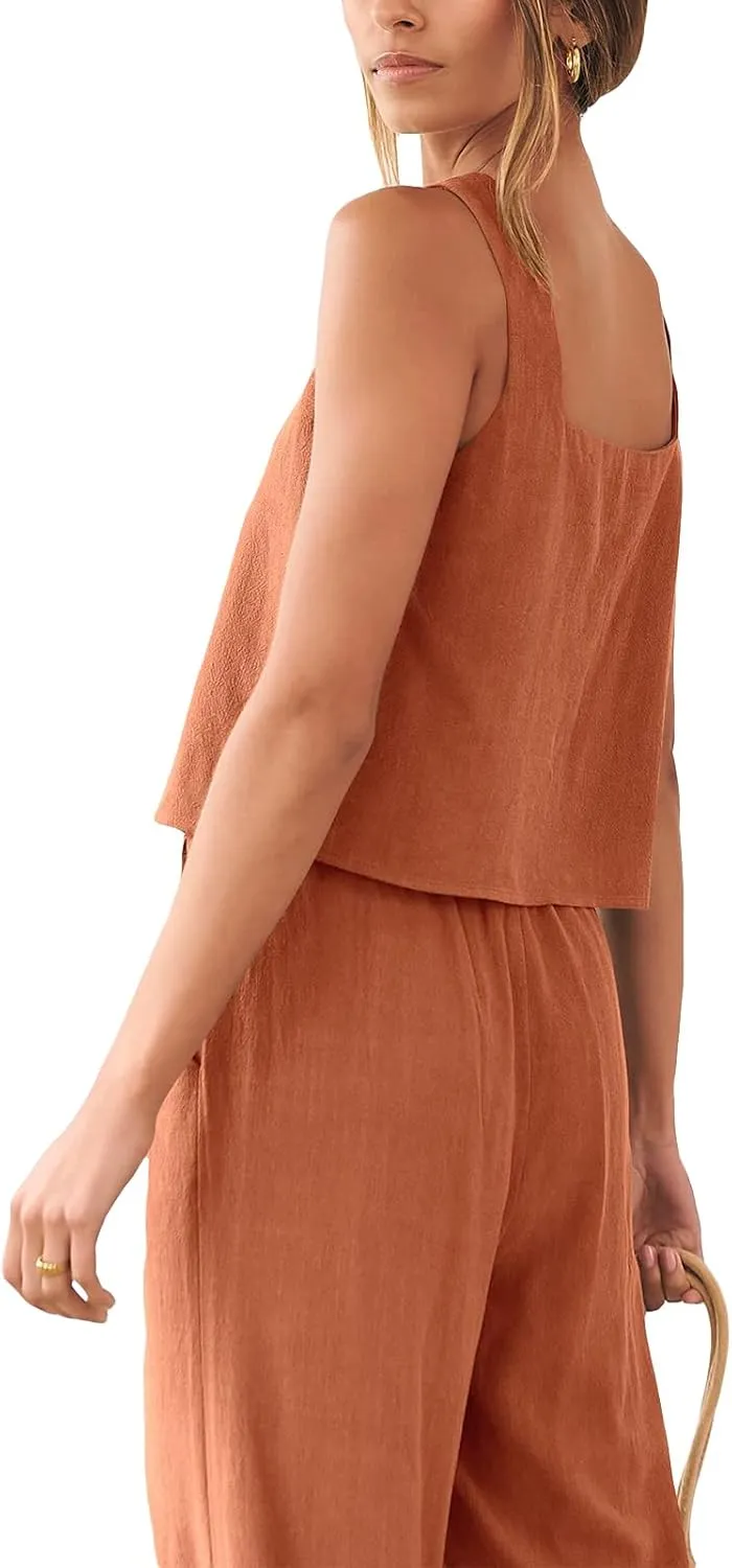 FEORJGP Womens Summer Two Piece Linen Pants Set Outfit 2 Piece Tank Tops with High Waist Trousers 2Pcs Clothes Set Loungewear