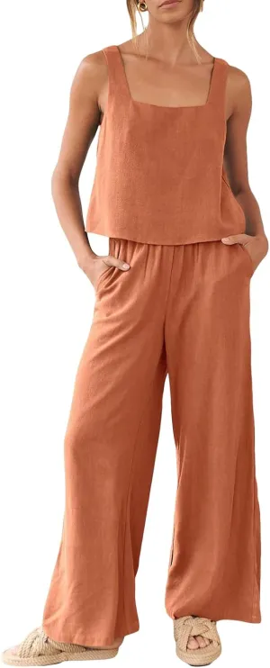 FEORJGP Womens Summer Two Piece Linen Pants Set Outfit 2 Piece Tank Tops with High Waist Trousers 2Pcs Clothes Set Loungewear