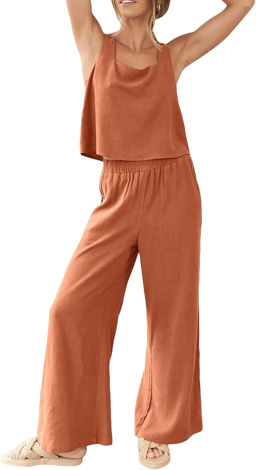 FEORJGP Womens Summer Two Piece Linen Pants Set Outfit 2 Piece Tank Tops with High Waist Trousers 2Pcs Clothes Set Loungewear