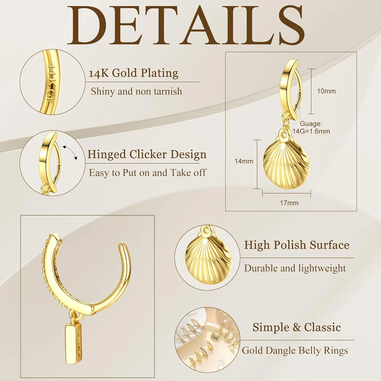 FIBO STEEL 14K Gold Plated Belly Button Rings for Women Clicker Dangle Belly Rings CZ Pearl Star Shells Barbell Navel Rings 316L Surgical Steel Belly Piercing Jewelry 14G