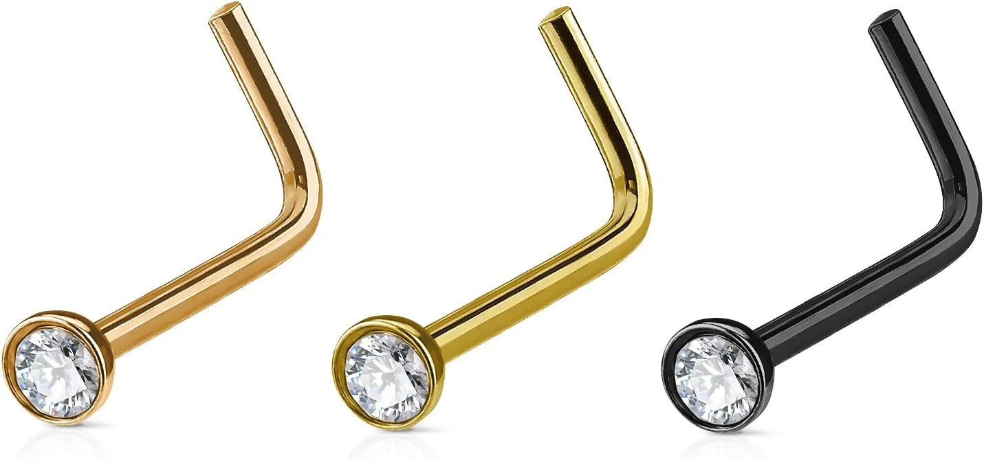 FIFTH CUE Crystal Set Half Ball Top IP Over 316L Surgical Steel L Bend Stud Nose Ring