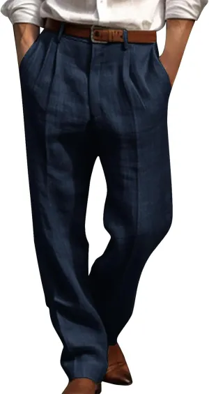 Finelylove Cotton Linen Pants Men Straight Leg Pleated Work Dress Pants Relaxed Fit Casual Leisure Chino Trousers