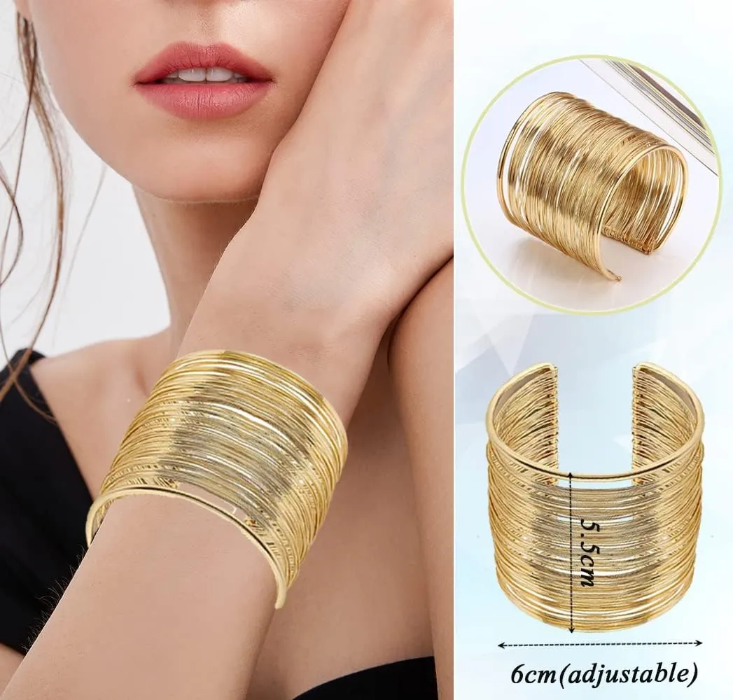 FIRAZIO 2-8 Pcs Cuff Bangle Bracelet for Women Open Wide Wire Bracelets Gold Wrist Cuff Wrap Bracelet Adjustable
