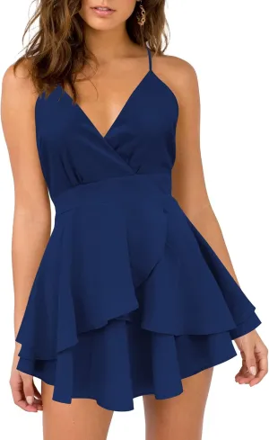 firfig Womens Deep V-Neck Cami Dress Crisscross Open Back Tie Waist Mini Dresses