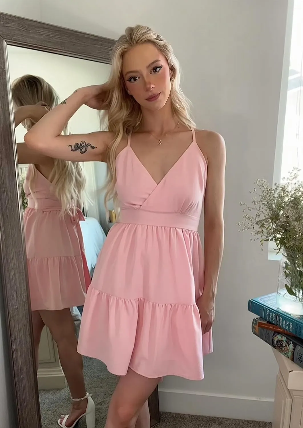 firfig Womens Deep V-Neck Cami Dress Crisscross Open Back Tie Waist Mini Dresses