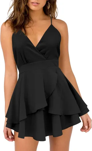 firfig Womens Deep V-Neck Cami Dress Crisscross Open Back Tie Waist Mini Dresses