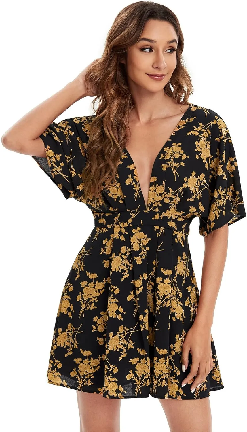 Floerns Women's Tropical Floral Plunging V Neck Tie Open Back Summer Short Dress