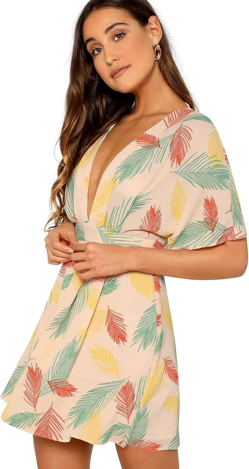 Floerns Women's Tropical Floral Plunging V Neck Tie Open Back Summer Short Dress