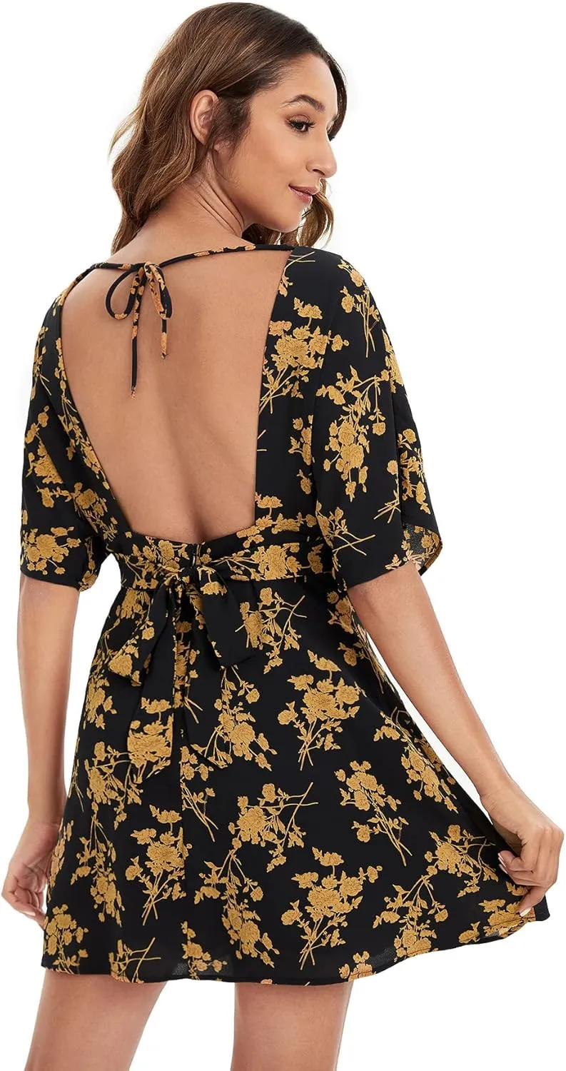 Floerns Women's Tropical Floral Plunging V Neck Tie Open Back Summer Short Dress