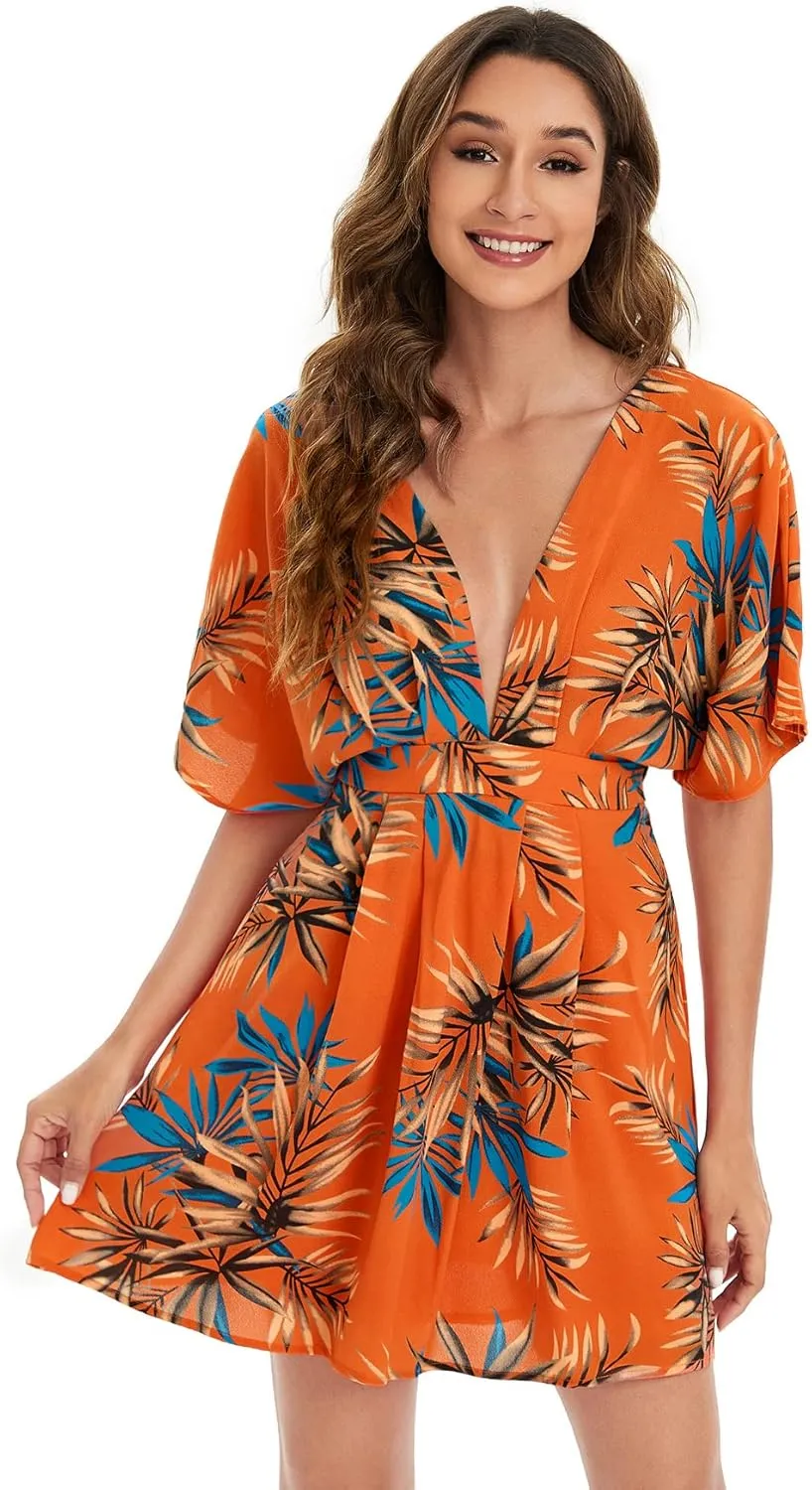 Floerns Women's Tropical Floral Plunging V Neck Tie Open Back Summer Short Dress