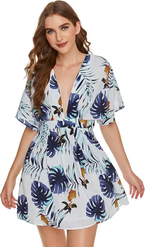Floerns Women's Tropical Floral Plunging V Neck Tie Open Back Summer Short Dress