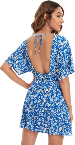 Floerns Women's Tropical Floral Plunging V Neck Tie Open Back Summer Short Dress