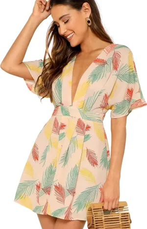 Floerns Women's Tropical Floral Plunging V Neck Tie Open Back Summer Short Dress