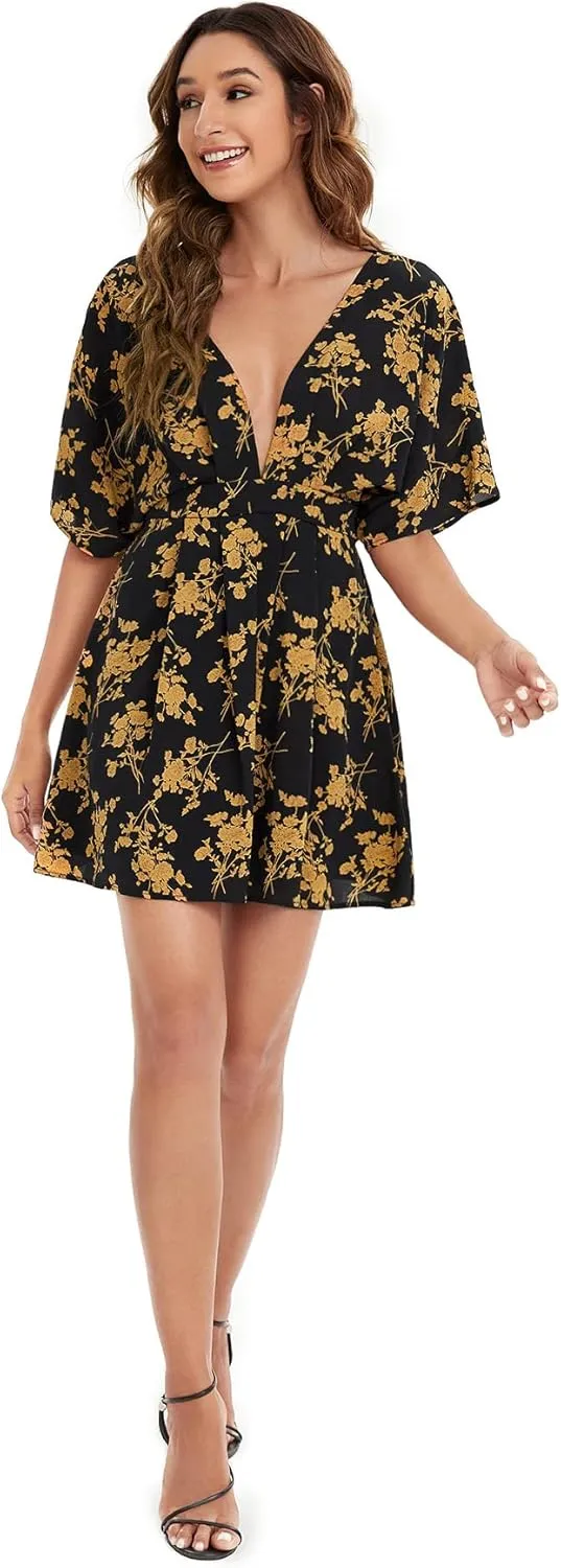 Floerns Women's Tropical Floral Plunging V Neck Tie Open Back Summer Short Dress