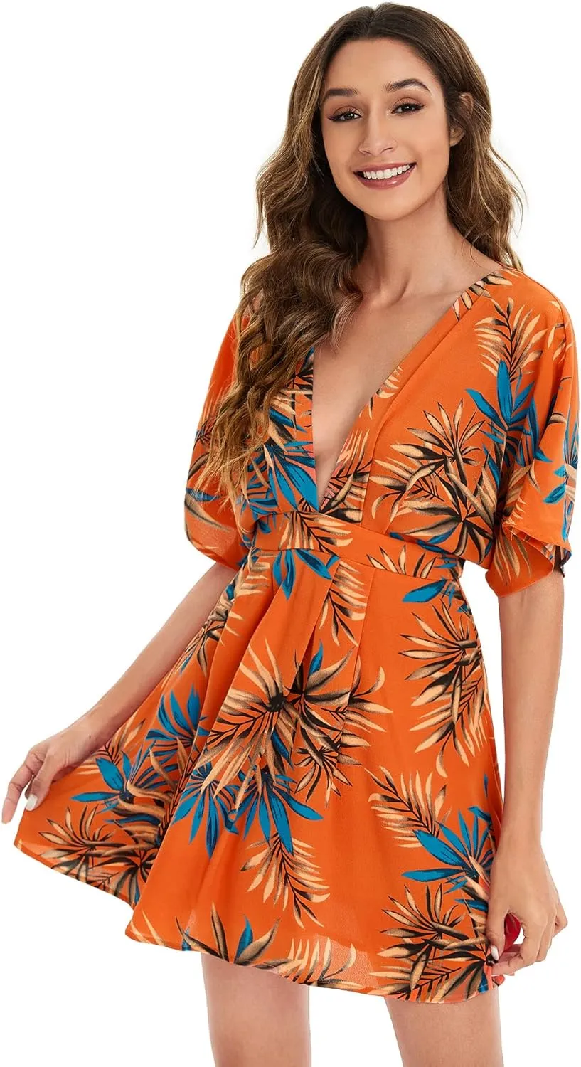 Floerns Women's Tropical Floral Plunging V Neck Tie Open Back Summer Short Dress