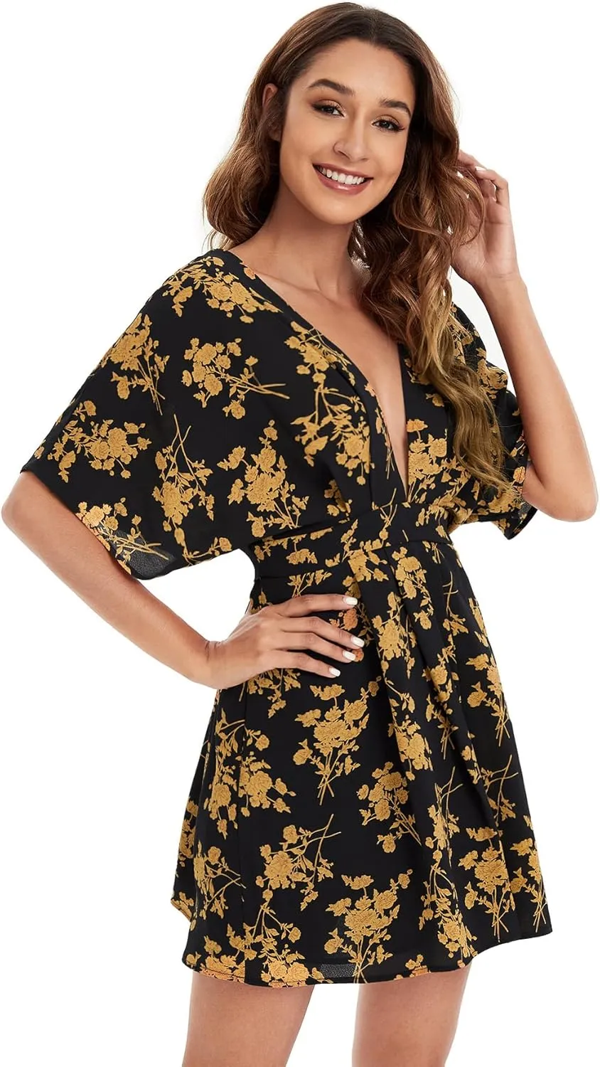 Floerns Women's Tropical Floral Plunging V Neck Tie Open Back Summer Short Dress