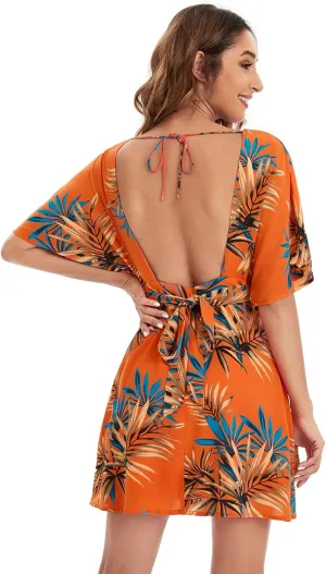 Floerns Women's Tropical Floral Plunging V Neck Tie Open Back Summer Short Dress