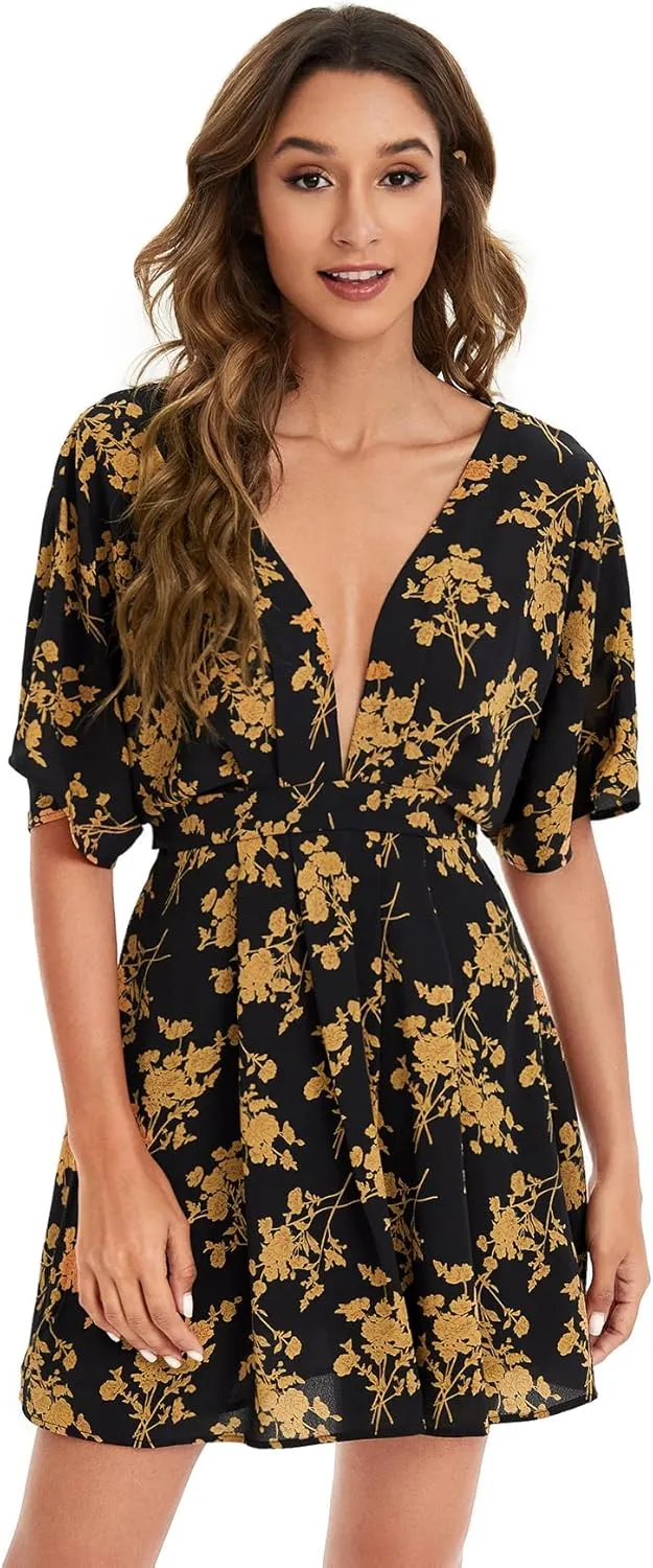Floerns Women's Tropical Floral Plunging V Neck Tie Open Back Summer Short Dress