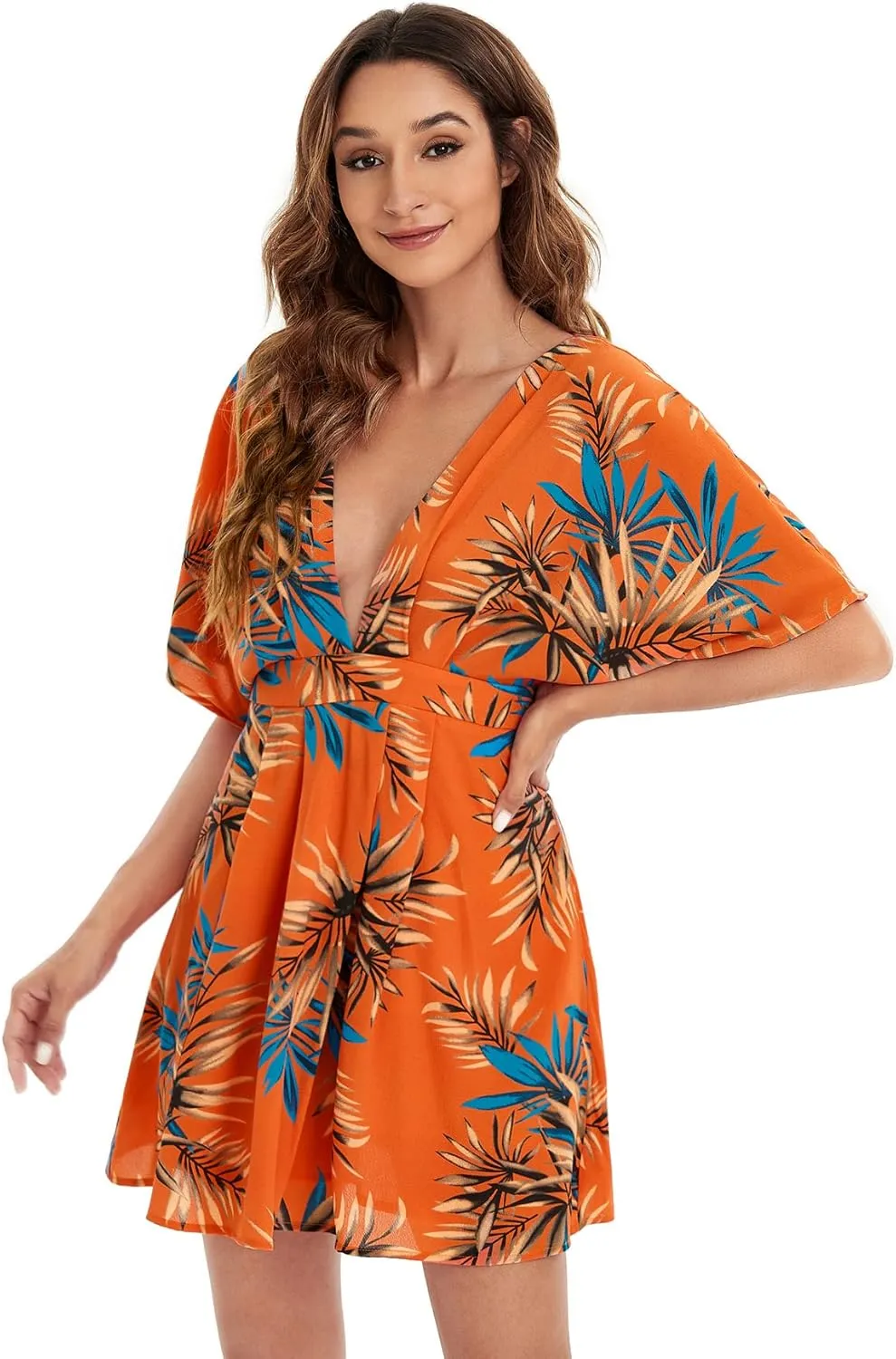 Floerns Women's Tropical Floral Plunging V Neck Tie Open Back Summer Short Dress