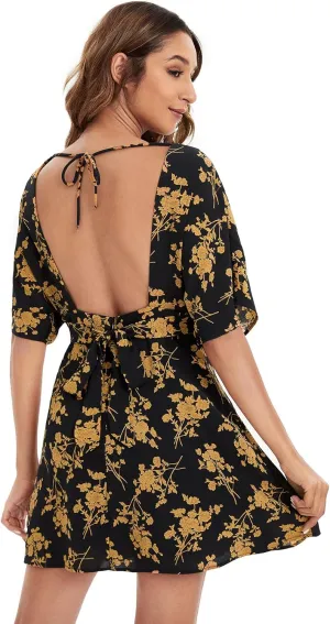 Floerns Women's Tropical Floral Plunging V Neck Tie Open Back Summer Short Dress
