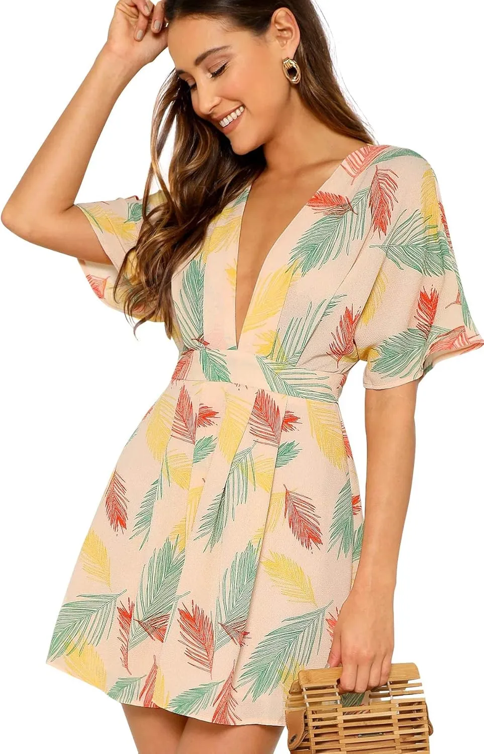 Floerns Women's Tropical Floral Plunging V Neck Tie Open Back Summer Short Dress