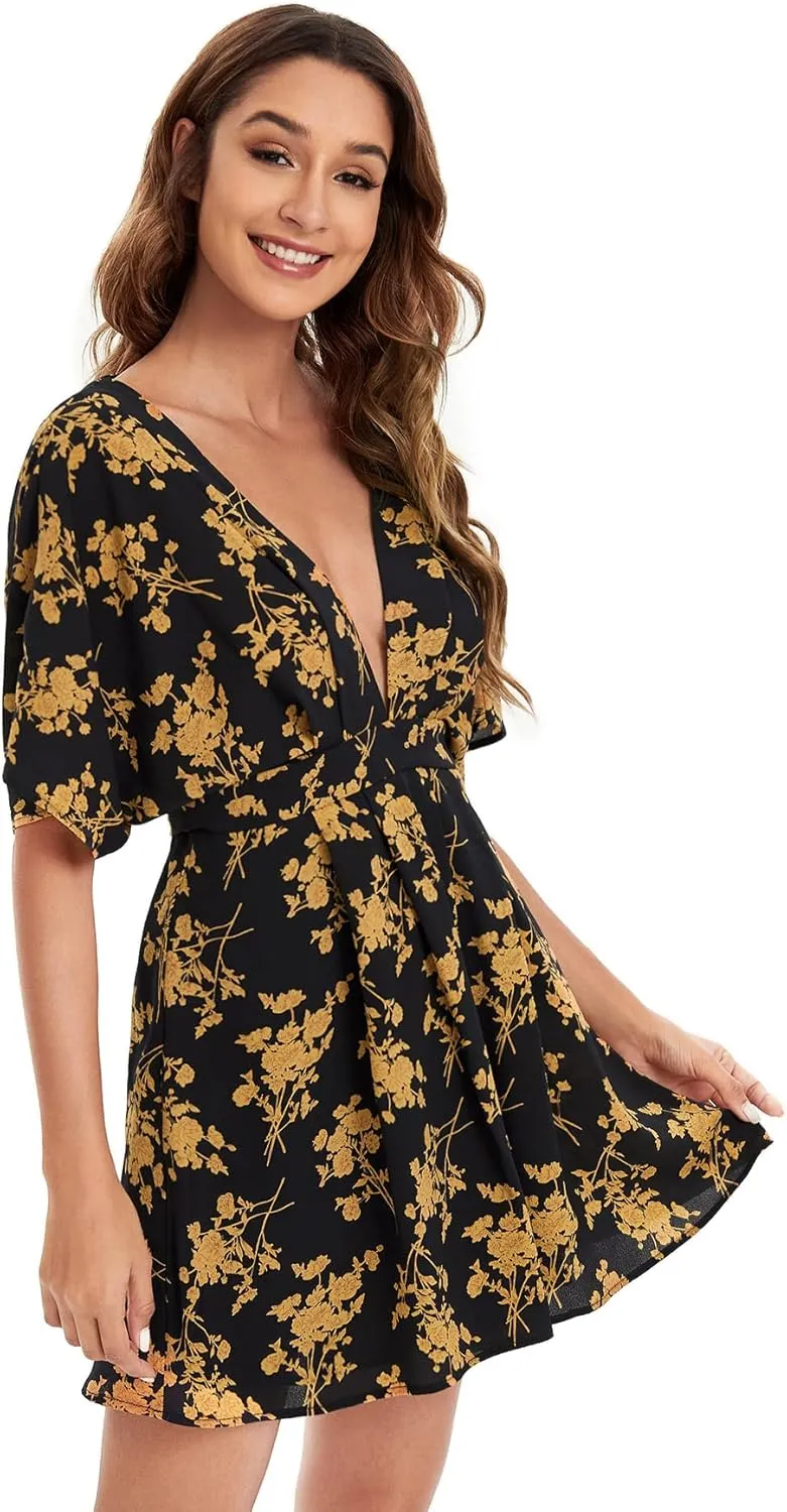 Floerns Women's Tropical Floral Plunging V Neck Tie Open Back Summer Short Dress