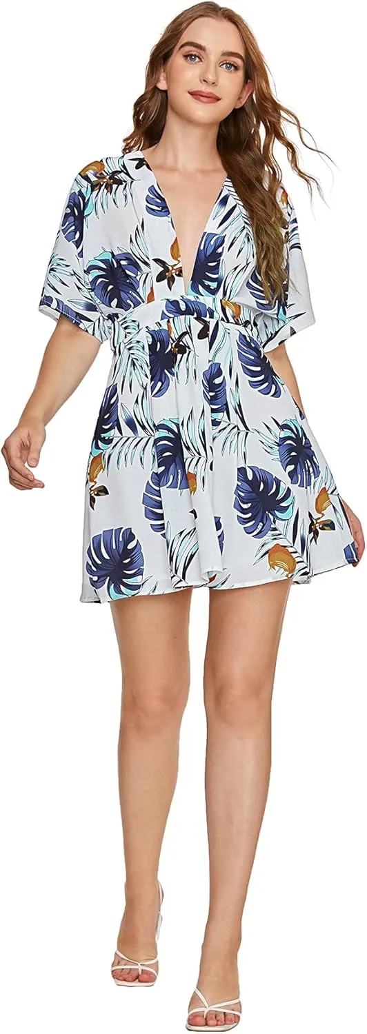 Floerns Women's Tropical Floral Plunging V Neck Tie Open Back Summer Short Dress