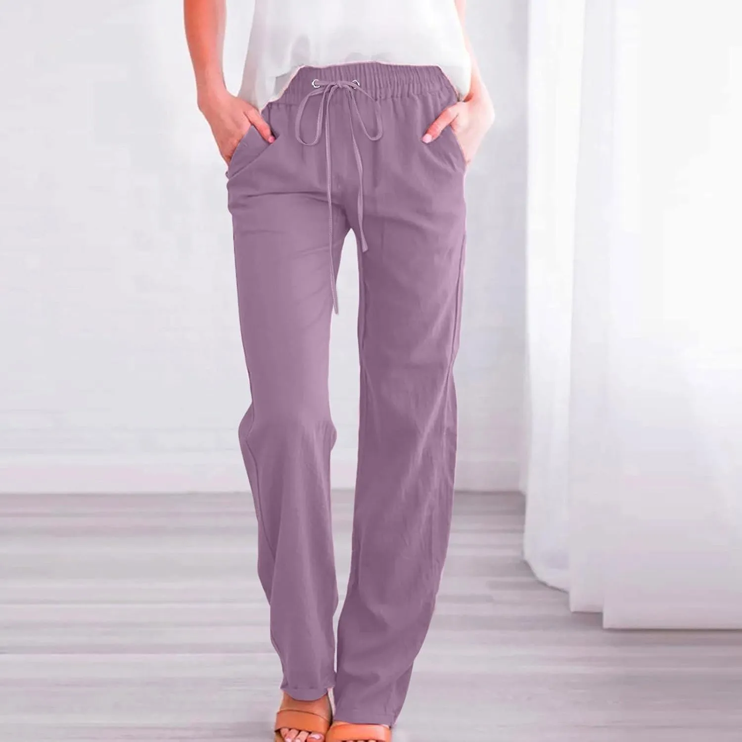 Flowy Pants for Women Elastic Waist Wide Leg Trousers Lightweight Linen Blend Casual Summer Beachwear Relaxed Fit