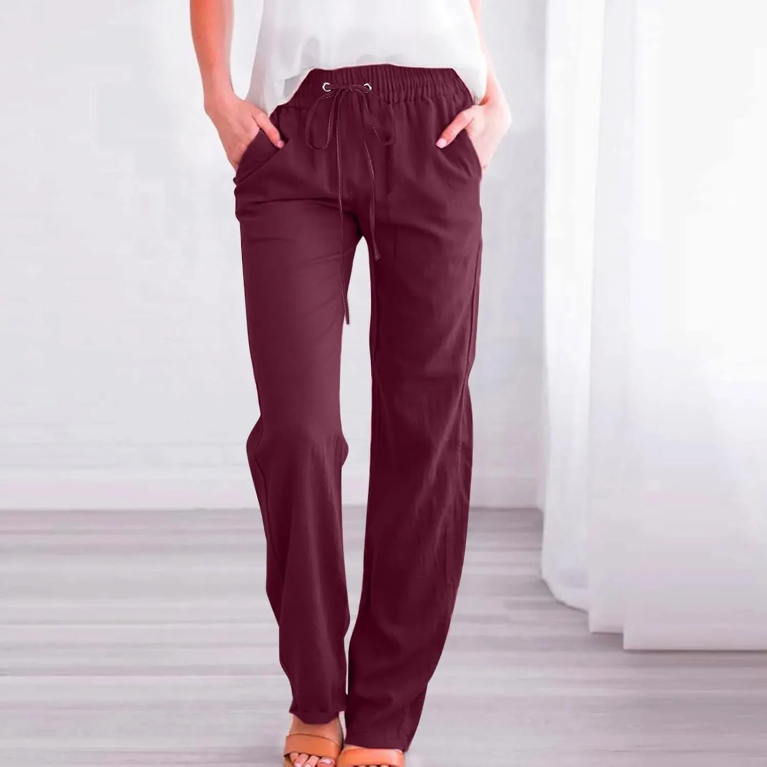 Flowy Pants for Women Elastic Waist Wide Leg Trousers Lightweight Linen Blend Casual Summer Beachwear Relaxed Fit