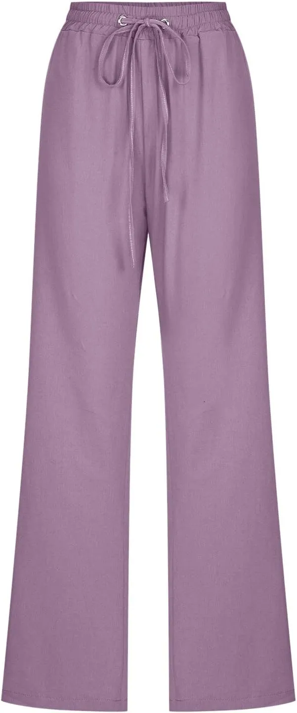 Flowy Pants for Women Elastic Waist Wide Leg Trousers Lightweight Linen Blend Casual Summer Beachwear Relaxed Fit